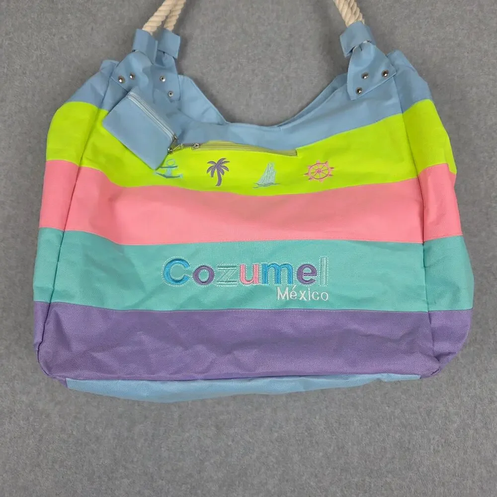 Cozumel Mexico Tote Bag Stripe Rope Handles Zippered attached Coin Purse